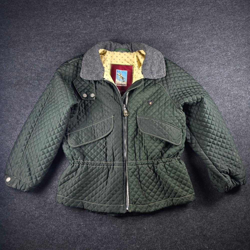Vtg Madonna di Campiglio Post Card Women's Green Quilted Ski Jacket Size M (42)